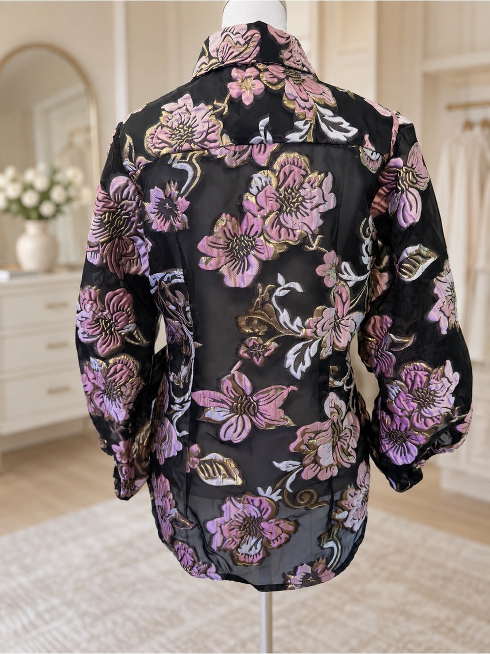 Boston Proper Dark Bohemian Metallic Floral Blouse — Size Medium - Picture 8 of 9
